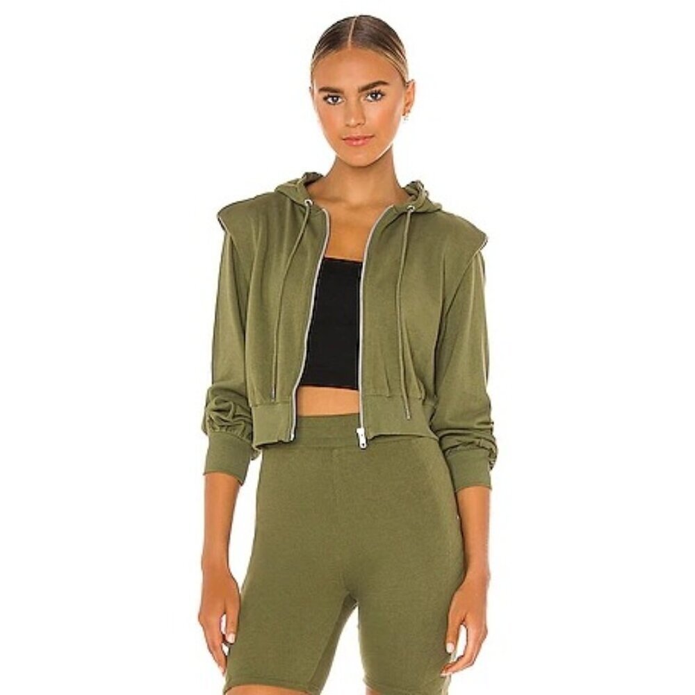 Lovers and Friends Alex Shoulder Pad Crop Zip Hoodie & Shorts Olive Green